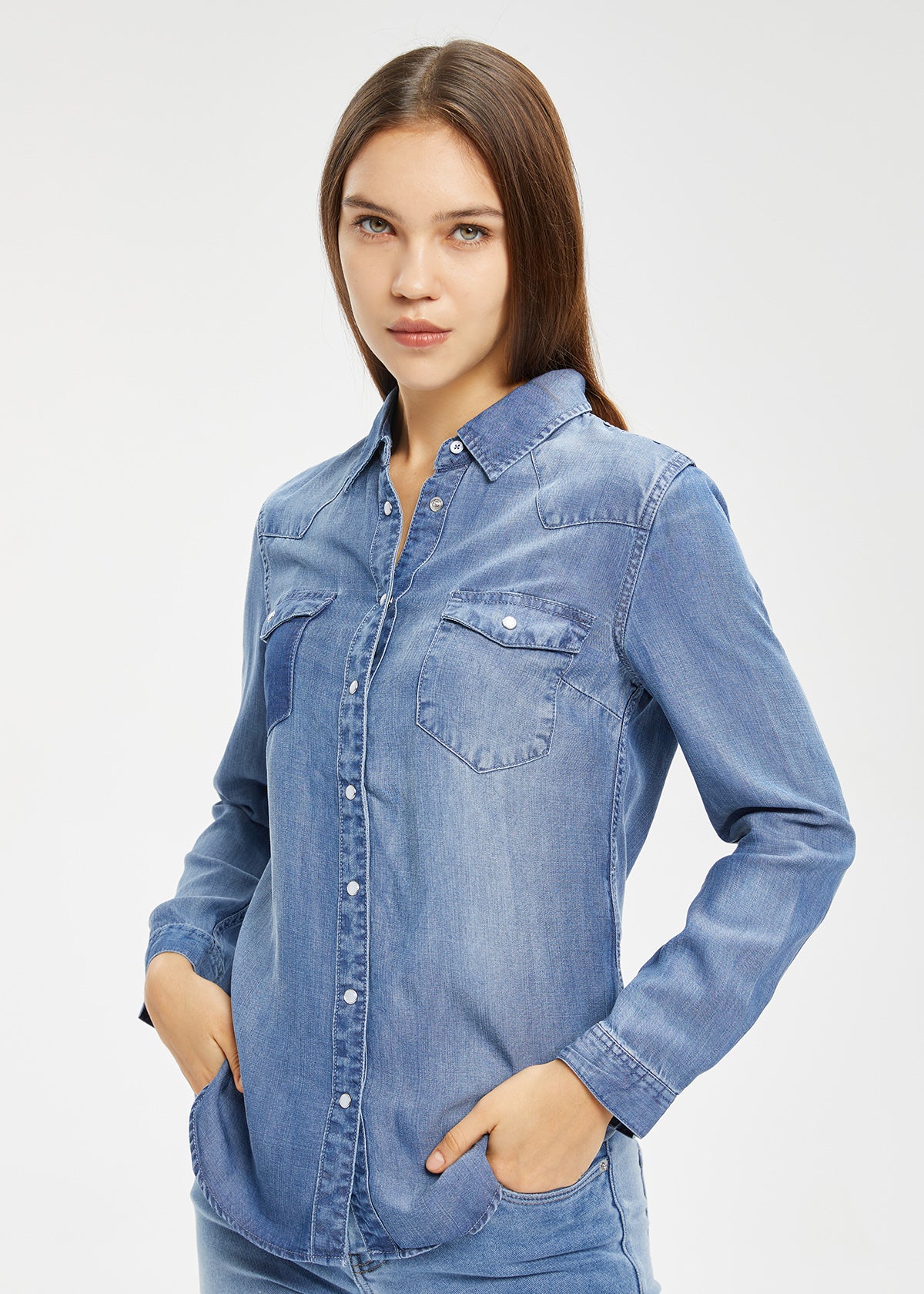 Women's Tencel Contrast Denim Blouse