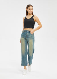 Women's Petite Mid Rise Retro Embroidery Straight Jeans