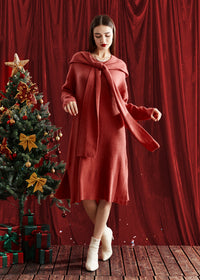 Women's V-Neck H-Line Sweater Dress & Shawl Set