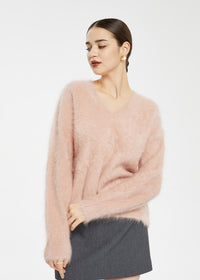 Women's Wool Blend Fluffy V-Neck Sweater