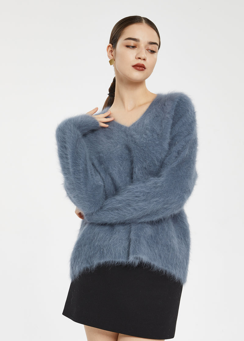 Women's Wool Blend Fluffy V-Neck Sweater