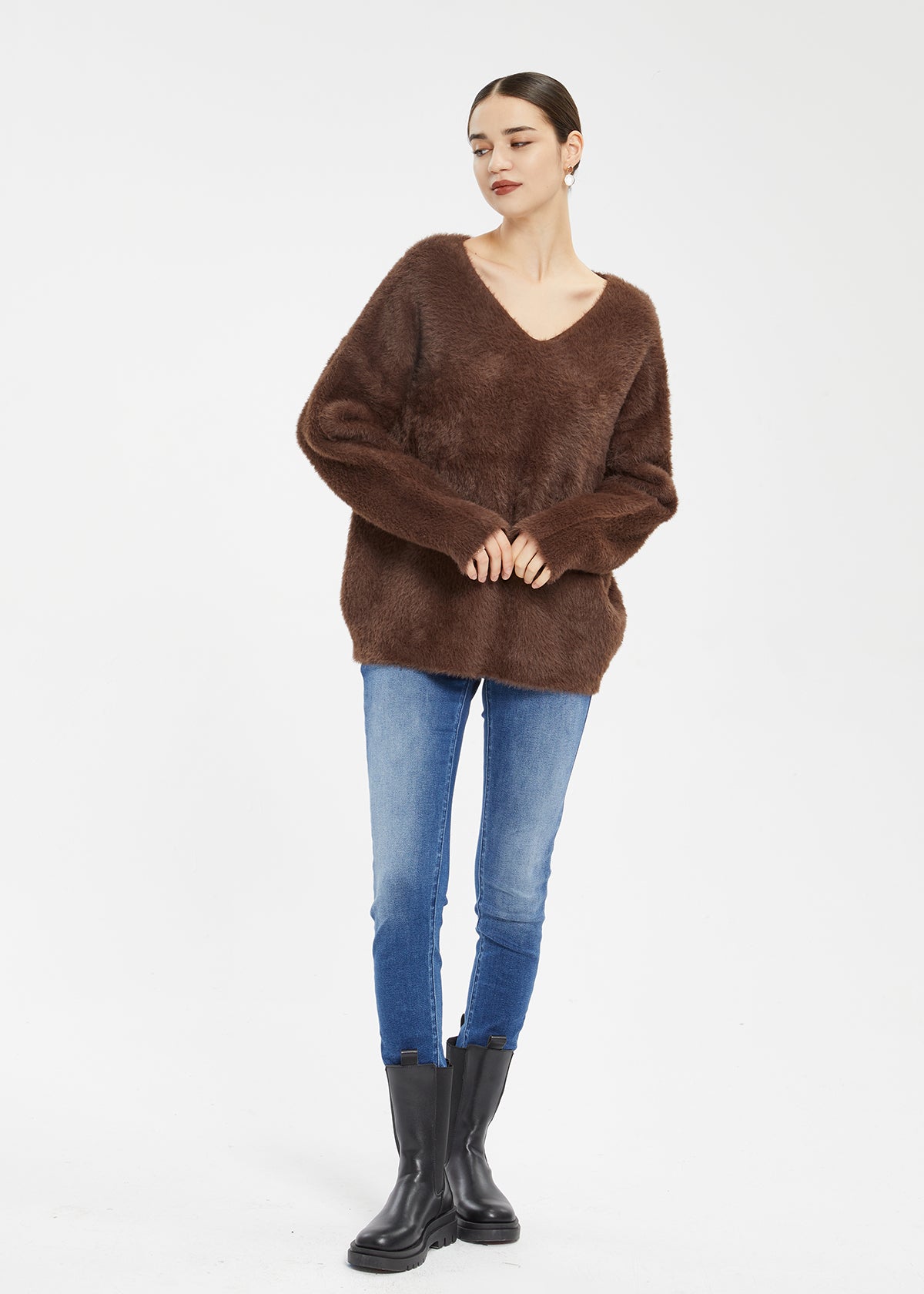 Women's Imitation Mink Fur V-Neck Sweater