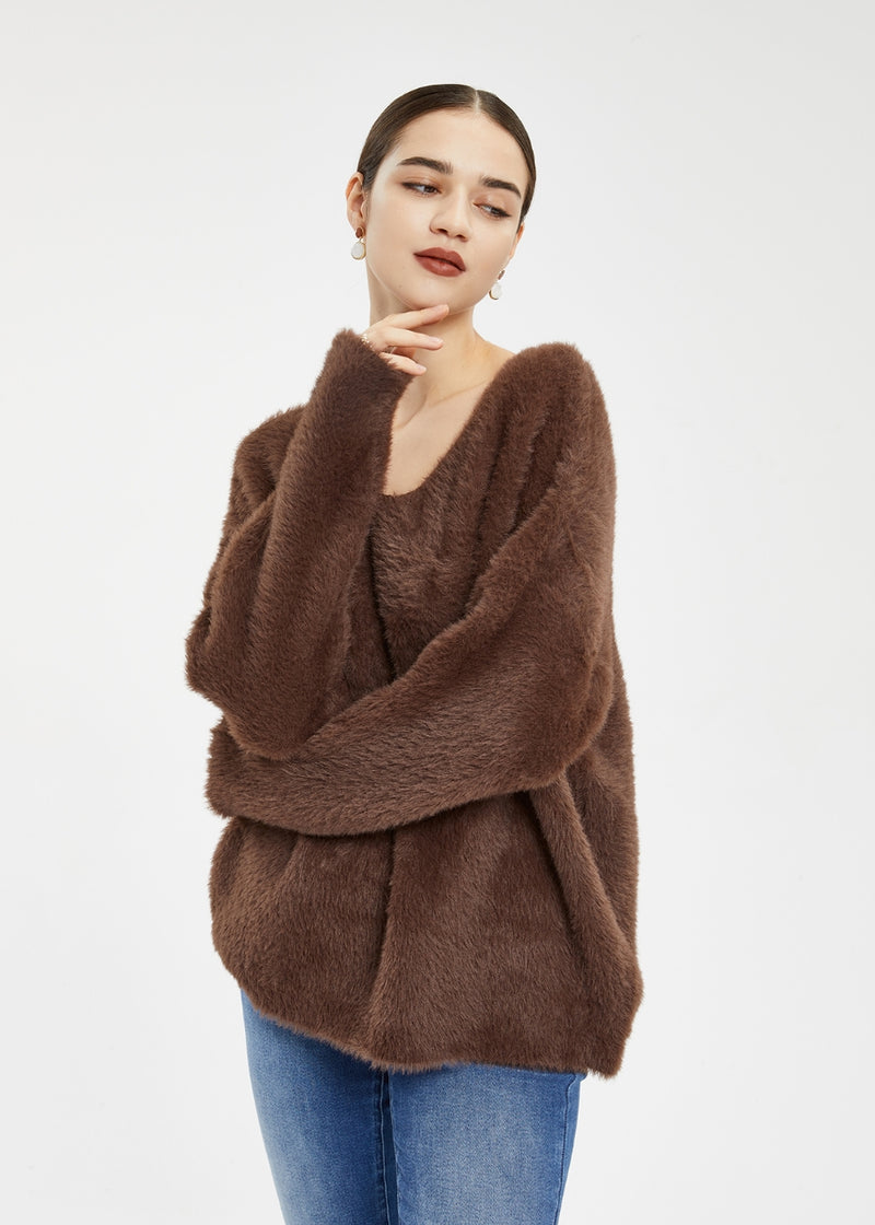 Women's Imitation Mink Fur V-Neck Sweater