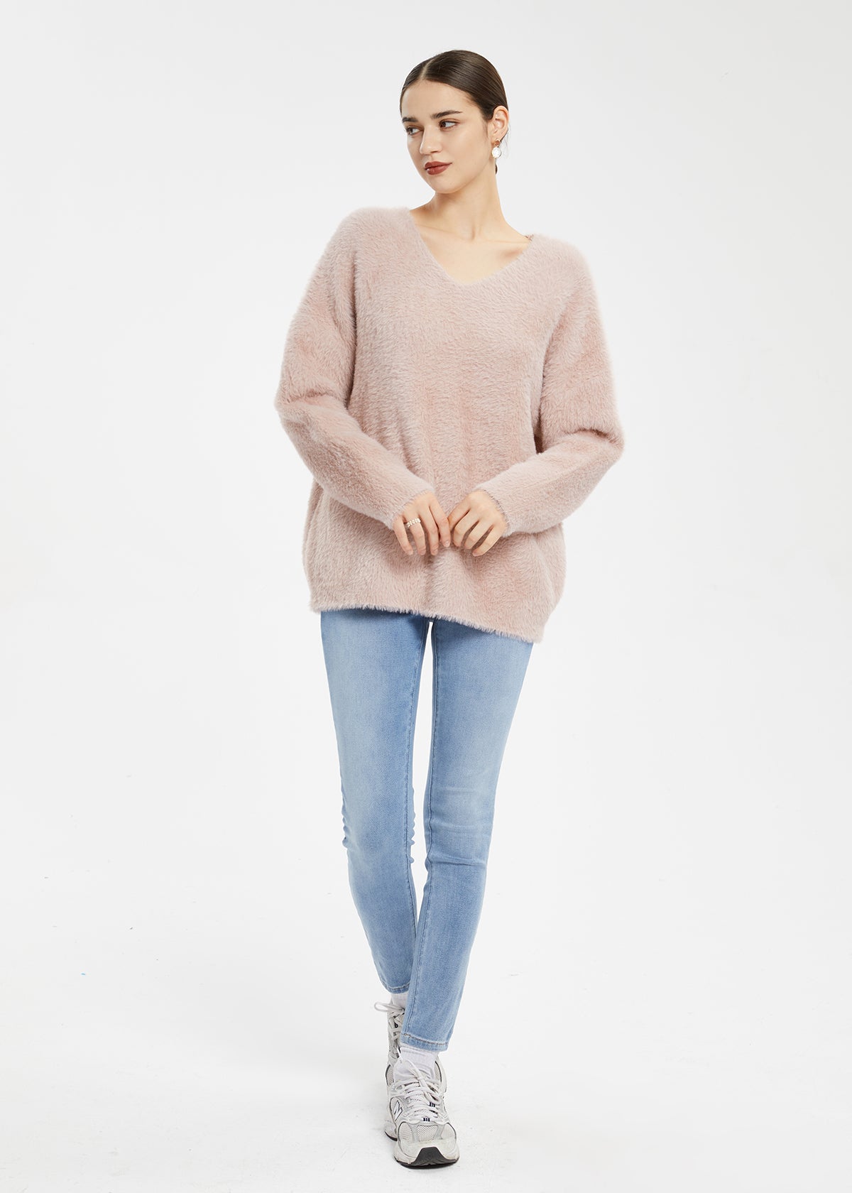 Women's Imitation Mink Fur V-Neck Sweater