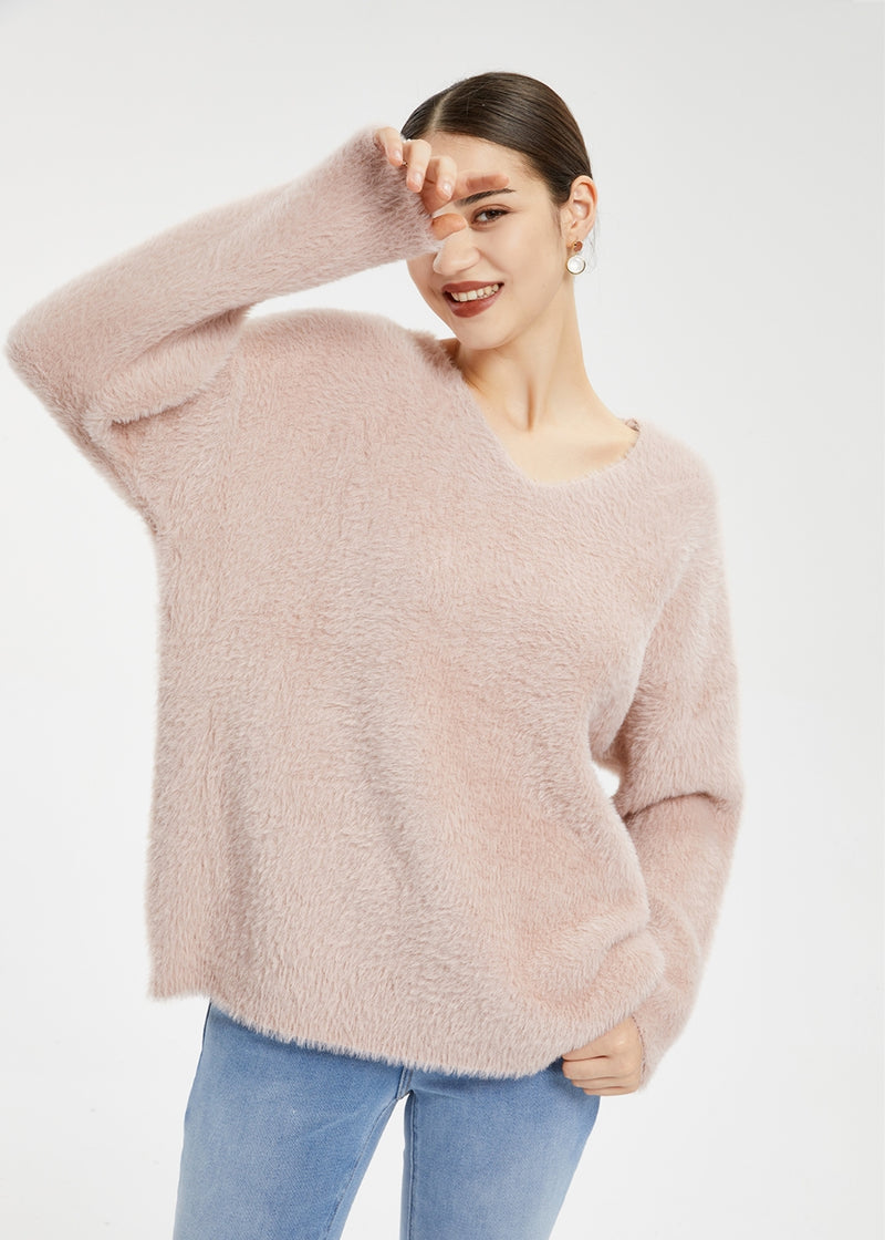 Women's Imitation Mink Fur V-Neck Sweater