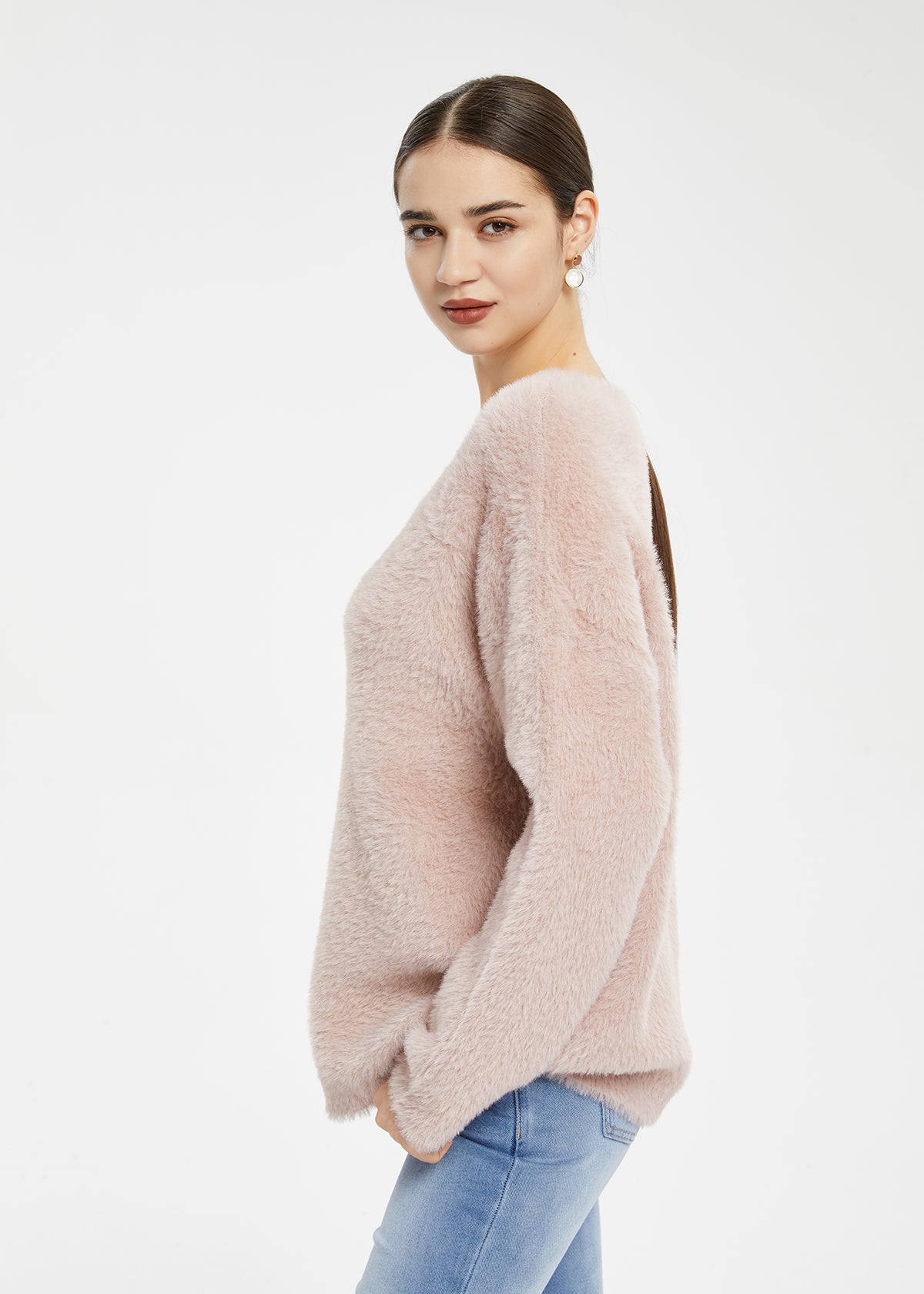 Women's Imitation Mink Fur V-Neck Sweater