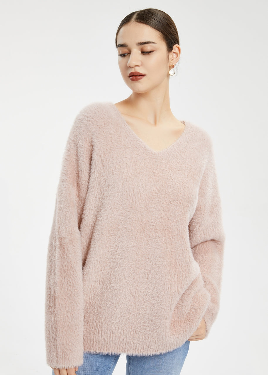 Women's Imitation Mink Fur V-Neck Sweater