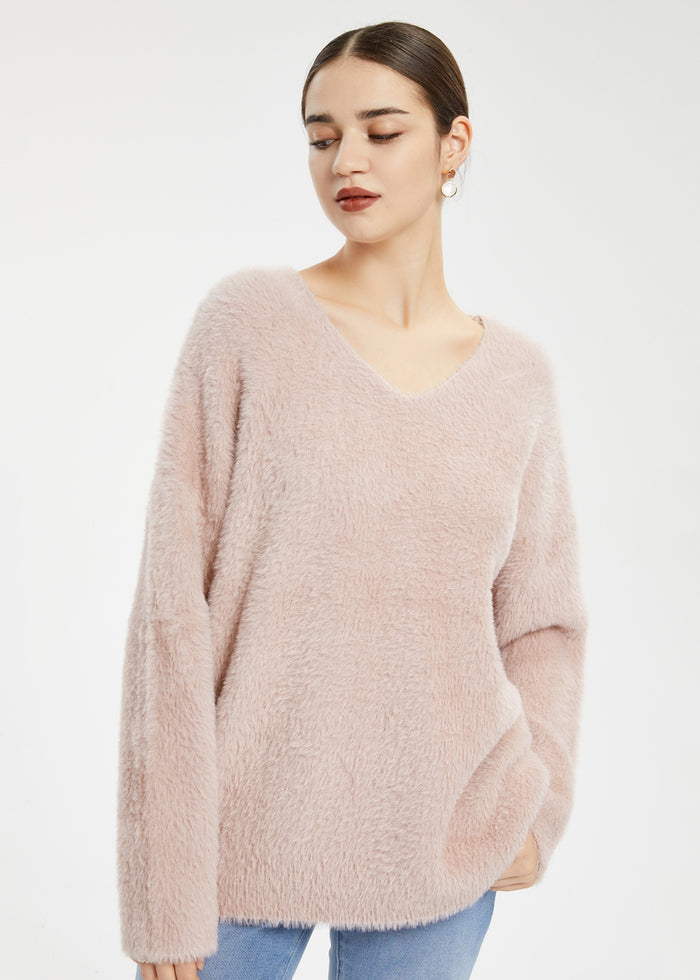 Women's Imitation Mink Fur V-Neck Sweater