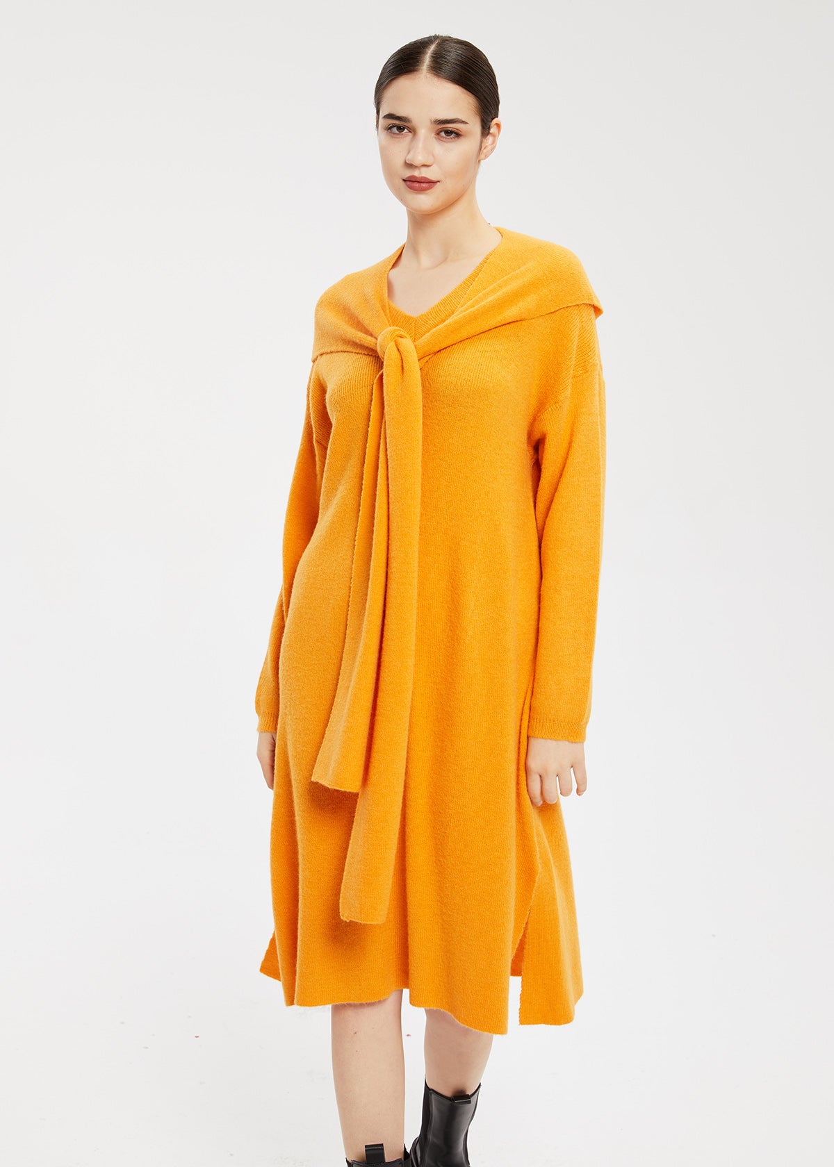 Women's V-Neck H-Line Sweater Dress & Shawl Set