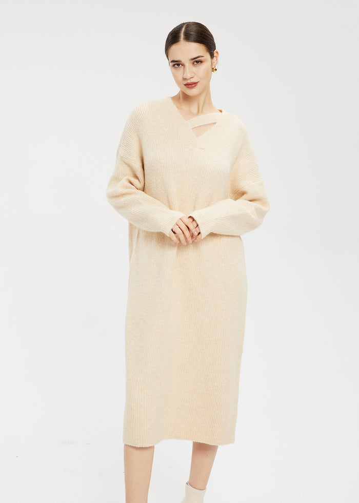 Women's Wool Blend V-Neck H-Line Dress